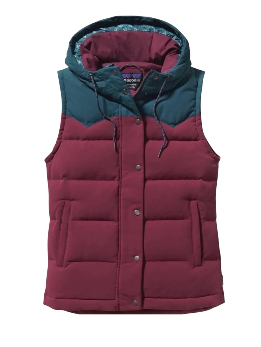 Patagonia Bivy Down Filled Hooded Vest Women’s size XS in Oxblood Red Blue